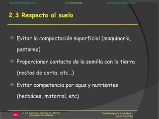 2.3 Respecto al suelo Evitar la compactación superficial (maquinaria, pastoreo) Proporcionar contacto de la semilla con la tierra (restos de corta, etc…) Evitar competencia por agua y nutrientes (herbáces, matorral, etc) Paco Rodríguez y Jose Reque  SELVICULTURA 