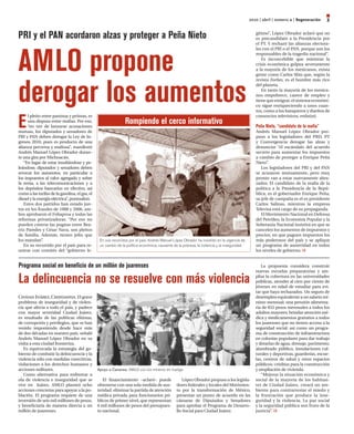 2010 | abril | número 4 | regeneración   3

PRI y el PAN acordaron alzas y proteger a Peña Nieto                                                                                             gítimo”, López Obrador aclaró que no
                                                                                                                                                 es precandidato a la Presidencia por
                                                                                                                                                 el PT. Y rechazó las alianzas electora-




AMLO propone
                                                                                                                                                 les con el PRI o el PAN, porque son los
                                                                                                                                                 responsables de la tragedia nacional”.
                                                                                                                                                    Es inconcebible que mientras la
                                                                                                                                                 crisis económica golpea severamente
                                                                                                                                                 a la mayoría de los mexicanos, exista
                                                                                                                                                 gente como Carlos Slim que, según la




derogar los aumentos
                                                                                                                                                 revista Forbes, es el hombre más rico
                                                                                                                                                 del planeta.
                                                                                                                                                    En tanto la mayoría de los mexica-
                                                                                                                                                 nos empobrece, carece de empleo y
                                                                                                                                                 tiene que emigrar, el sistema económi-
                                                                                                                                                 co sigue enriqueciendo a unos cuan-
                                                                                                                                                 tos, como a los banqueros y dueños de


E
      l pleito entre panistas y priistas, es                                                                                                     consorcios televisivos, enfatizó.
      una disputa entre mafias. Por eso,
      “en vez de lanzarse acusaciones
                                                                Rompiendo el cerco informativo                                                   Peña Nieto, “candidato de la mafia”
mutuas, los diputados y senadores de                                                                                                             Andrés Manuel López Obrador pro-
PRI y PAN deben derogar la Ley de In-                                                                                                            puso a los legisladores del PRD, PT
gresos 2010, pues es producto de una                                                                                                             y Convergencia derogar las alzas y
alianza perversa y mafiosa”, manifestó                                                                                                           denunciar “el escándalo del acuerdo
Andrés Manuel López Obrador duran-                                                                                                               secreto para aumentar los impuestos
te una gira por Michoacán.                                                                                                                       a cambio de proteger a Enrique Peña
   “En lugar de estar insultándose y pe-                                                                                                         Nieto”.
leándose, diputados y senadores deben                                                                                                               Los legisladores del PRI y del PAN
revocar los aumentos, en particular a                                                                                                            se acusaron mutuamente, pero muy
los impuestos al valor agregado y sobre                                                                                                          pronto van a estar nuevamente abra-
la renta, a las telecomunicaciones y a                                                                                                           zados. El candidato de la mafia de la
los depósitos bancarios en efectivo, así                                                                                                         política a la Presidencia de la Repú-
como a las tarifas de la gasolina, el gas, el                                                                                                    blica, es el gobernador Enrique Peña,
diesel y la energía eléctrica”, puntualizó.                                                                                                      su jefe de campaña es el ex presidente
   Estos dos partidos han estado jun-                                                                                                            Carlos Salinas, mientras la empresa
tos en los fraudes de 1988 y 2006, am-                                                                                                           Televisa está cargo de su propaganda.
bos aprobaron el Fobaproa y todas las                                                                                                               El Movimiento Nacional en Defensa
reformas privatizadoras. “Por eso no                                                                                                             del Petróleo, la Economía Popular y la
pueden creerse las pugnas entre Bea-                                                                                                             Soberanía Nacional insistirá en que se
triz Paredes y César Nava, son pleitos                                                                                                           cancelen los aumentos de impuestos y
de familia. Además, tienen jefes que                                                                                                             precios, en que paguen impuestos los
los mandan”.                                     En sus recorridos por el país, Andrés Manuel López Obrador ha insistido en la urgencia de       más poderosos del país y se aplique
   En su recorrido por el país para re-          un cambio de la política económica, causante de la pobreza, la violencia y la inseguridad.      un programa de austeridad en todos
unirse con comités del “gobierno le-                                                                                                             los niveles de gobierno.


Programa social en beneficio de un millón de juarenses                                                                                              La propuesta considera construir
                                                                                                                                                 nuevas escuelas preparatorias y am-

La delincuencia no se resuelve con más violencia                                                                                                 pliar la cobertura en las universidades
                                                                                                                                                 públicas, atender al cien por ciento de
                                                                                                                                                 jóvenes en edad de estudiar para evi-
                                                                                                                                                 tar que haya rechazados. Un seguro de
Ciudad Juárez, Chihuahua. El grave                                                                                                               desempleo equivalente a un salario mí-
problema de inseguridad y de violen-                                                                                                             nimo mensual; una pensión alimenta-
cia que afecta a todo el país, y padece                                                                                                          ria de 855 pesos mensuales a todos los
con mayor severidad Ciudad Juárez,                                                                                                               adultos mayores; brindar atención mé-
es resultado de las políticas elitistas,                                                                                                         dica y medicamentos gratuitos a todos
de corrupción y privilegios, que se han                                                                                                          los juarenses que no tienen acceso a la
venido imponiendo desde hace más                                                                                                                 seguridad social; así como un progra-
de dos décadas en nuestro país, señaló                                                                                                           ma de construcción de infraestructura
Andrés Manuel López Obrador en su                                                                                                                en colonias populares para dar trabajo
visita a esta ciudad fronteriza.                                                                                                                 y dotarlas de agua, drenaje, pavimento,
   Es equivocada la estrategia del go-                                                                                                           alumbrado público, instalaciones cul-
bierno de combatir la delincuencia y la                                                                                                          turales y deportivas, guarderías, escue-
violencia sólo con medidas coercitivas,                                                                                                          las, centros de salud y otros espacios
violaciones a los derechos humanos y                                                                                                             públicos; créditos para la construcción
acciones militares.                             Apoyo a Cananea. AMLO con los mineros en huelga.                                                 y ampliación de vivienda.
   Como alternativa para enfrentar a                                                                                                                “Mejorar la situación económica y
ola de violencia e inseguridad que se              El financiamiento –aclaró– puede                López Obrador propuso a los legisla-          social de la mayoría de los habitan-
vive en Juárez, AMLO planteó ocho               obtenerse con una sola medida de aus-           dores federales y locales del Movimien-          tes de Ciudad Juárez, creará un am-
acciones concretas para apoyar a la po-         teridad: eliminar la partida de atención        to por la transformación de México,              biente para contrarrestar el miedo y
blación. El programa requiere de una            médica privada para funcionarios pú-            presentar un punto de acuerdo en las             la frustración que produce la inse-
inversión de seis mil millones de pesos,        blicos de primer nivel, que representan         cámaras de Diputados y Senadores                 guridad y la violencia. La paz social
y beneficiaría de manera directa a un           6 mil millones de pesos del presupues-          para aprobar el Programa de Desarro-             y la seguridad pública son fruto de la
millón de juarenses.                            to nacional.                                    llo Social para Ciudad Juárez.                   justicia”.
 