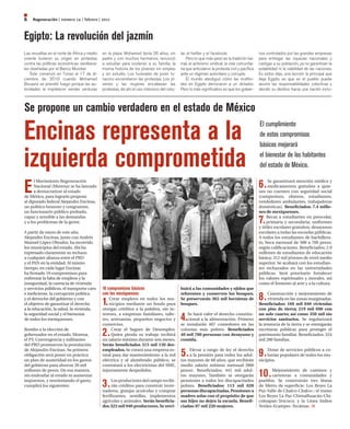 6    regeneración | número 14 | febrero | 2011


Egipto: La revolución del jazmín
Las revueltas en el norte de África y medio   en la plaza. Mohamed tenía 26 años, sin        lar, el twitter y el facebook.                     nos controlados por las grandes empresas
oriente tuvieron su origen en protestas       padre y con muchos hermanos, renunció              Pero lo que más pesó es la tradición ba-       para entregar las riquezas nacionales y
contra las políticas económicas neolibera-    a estudiar para sostener a su familia, la      rrial, el activismo sindical, la vida comunita-    castigar a su población, ya no garantizan la
les diseñadas por el Banco Mundial.           misma historia de los jóvenes sin empleo       ria que articularon la protesta civil y pacífica   estabilidad ni la viabilidad de las naciones.
   Todo comenzó en Túnez el 17 de di-         y sin estudio. Los funerales de joven tu-      ante un régimen autoritario y corrupto.            Es estos días, una lección la principal que
ciembre de 2010 cuando Mohamed                necino encendieron las protestas. Los jó-          El mundo atestiguó cómo las multitu-           deja Egipto, es que es el pueblo puede
Bouazizi se prendió fuego porque las au-      venes y las mujeres encabezan las              des en Egipto derrocaron a un dictador.            asumir las responsabilidades colectivas y
toridades le impidieron vender verduras       protestas, de ahí el uso intensivo del celu-   Pero lo más significativo es que los gobier-       decidir su destino hacia una nación inclu-



Se propone un cambio verdadero en el estado de México

Encinas representa a la                                                                                                                         El cumplimiento
                                                                                                                                                de estos compromisos
                                                                                                                                                básicos mejorará

izquierda comprometida                                                                                                                          el bienestar de los habitantes
                                                                                                                                                del estado de México.


E                                                                                                                                               6.
      l Movimiento Regeneración                                                                                                                      Se garantizará atención médica y
      Nacional (Morena) se ha lanzado                                                                                                                medicamentos gratuitos a quie-
      a democratizar al estado                                                                                                                  nes no cuenten con seguridad social
de México, para lograrlo propone                                                                                                                (campesinos, obreros, estudiantes,
al diputado federal Alejandro Encinas,                                                                                                          vendedores ambulantes, trabajadoras
un político honesto y congruente,                                                                                                               domésticas). Beneficiados: 7.4 millo-
un funcionario público probado,                                                                                                                 nes de mexiquenses.
capaz y sensible a las demandas
y a los problemas de la gente.                                                                                                                  7.  Becas a estudiantes en prescolar,
                                                                                                                                                    primaria y secundaria; uniformes
                                                                                                                                                y útiles escolares gratuitos; desayunos
A partir de enero de este año,                                                                                                                  escolares a todas las escuelas públicas.
Alejandro Encinas, junto con Andrés                                                                                                             A todos los estudiantes de bachillera-
Manuel López Obrador, ha recorrido                                                                                                              to, beca mensual de 500 a 700 pesos,
los municipios del estado. Ahí ha                                                                                                               según calificaciones. Beneficiados: 2.9
expresado claramente su rechazo                                                                                                                 millones de estudiantes de educación
a cualquier alianza entre el PRD                                                                                                                básica; 312 mil jóvenes de nivel medio
y el PAN en la entidad. Al mismo                                                                                                                superior. Se acabará con los estudian-
tiempo, en cada lugar Encinas                                                                                                                   tes rechazados en las universidades
ha firmado 10 compromisos para                                                                                                                  públicas. Será prioritario fortalecer
enfrentar la falta de empleos y la                                                                                                              los valores espirituales y morales, así
inseguridad, la carencia de vivienda                                                                                                            como el fomento al arte y a la cultura.
y servicios públicos, el transporte caro      10 compromisos básicos                         buirá a las comunidades y ejidos que
e ineficiente, la corrupción política
y el derroche del gobierno y con
el objetivo de garantizar el derecho
                                              con los mexiquenses

                                              1.  Crear empleos en todos los mu-
                                                  nicipios mediante un fondo para
                                                                                             reforesten y conserven los bosques.
                                                                                             Se preservarán 362 mil hectáreas de
                                                                                             bosques.
                                                                                                                                                8.   Construcción y mejoramiento de
                                                                                                                                                     vivienda en las zonas marginadas.
                                                                                                                                                Beneficiados: 169 mil 040 viviendas
a la educación, la salud, la vivienda,        otorgar créditos a la palabra, sin in-                                                            con piso de tierra; 219 mil 690 con
la seguridad social y el bienestar
de todos los mexiquenses.
                                              tereses, a empresas familiares, talle-
                                              res, artesanías, pequeños negocios y
                                              comercios.
                                                                                             4.  Se hará valer el derecho constitu-
                                                                                                 cional a la alimentación. Primero
                                                                                             se instalarán 407 comedores en las
                                                                                                                                                un solo cuarto; así como 350 mil sin
                                                                                                                                                servicios sanitarios. Se regularizará
                                                                                                                                                la tenencia de la tierra y se entregarán
Rumbo a la elección de
gobernador en el estado, Morena,
el PT, Convergencia y militantes
                                              2.   Crear el Seguro de Desempleo.
                                                   Quien pierda su trabajo recibirá
                                              un salario mínimo durante seis meses.
                                                                                             colonias más pobres. Beneficiados
                                                                                             40 mil 700 personas con desayuno y
                                                                                             comida.
                                                                                                                                                escrituras públicas para proteger el
                                                                                                                                                patrimonio familiar. Beneficiados: 324
                                                                                                                                                mil 280 familias.
del PRD promueven la postulación              Serán beneficiados 315 mil 150 des-
de Alejandro Encinas. Su primera
obligación será poner en práctica
un plan de austeridad en los gastos
                                              empleados. Se creará una empresa es-
                                              tatal para dar mantenimiento a la red
                                              eléctrica y al alumbrado público; se
                                                                                             5.   Elevar a rango de ley el derecho
                                                                                                  a la pensión para todos los adul-
                                                                                             tos mayores de 68 años, que recibirán
                                                                                                                                                9.   Dotar de servicios públicos a co-
                                                                                                                                                     lonias populares de todos los mu-
                                                                                                                                                nicipios.
del gobierno para ahorrar 20 mil              contratará a los electricistas del SME,        medio salario mínimo mensual (860
millones de pesos. De esa manera,
sin endeudar al estado ni aumentar
                                              injustamente despedidos.                       pesos). Beneficiados: 441 mil adul-
                                                                                             tos mayores. También se otorgarán                  10.   Mejoramiento de caminos y
                                                                                                                                                      carreteras a comunidades y
impuestos, y reorientando el gasto,
cumplirá los siguientes:                      3.    Los productores del campo recibi-
                                                    rán créditos para construir inver-
                                              naderos, granjas acuícolas y comprar
                                                                                             pensiones a todos los discapacitados
                                                                                             pobres. Beneficiados: 113 mil 620
                                                                                             personas discapacitadas. Pensiones a
                                                                                                                                                pueblos. Se construirán tres líneas
                                                                                                                                                de Metro de superficie: Los Reyes La
                                                                                                                                                Paz-Valle de Chalco-Chalco-; el tramo
                                              fertilizantes, semillas, implementos           madres solas con el propósito de que               Los Reyes La Paz-Chimalhuacán-Chi-
                                              agrícolas y animales. Serán beneficia-         sus hijos no dejen la escuela. Benefi-             coloapan-Texcoco; y la Línea Indios
                                              dos 323 mil 940 productores. Se retri-         ciadas: 87 mil 220 mujeres.                        Verdes-Ecatepec-Tecámac.
 