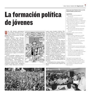 2013 | marzo | número 28 | Regeneración                       7

                                                                                                  Receta para hacer Pastel de futuro a la Che




La formación política
                                                                                                  Guevara bañado en salsa morena:


                                                                                                  Ingredientes:
                                                                                                  100 grs. de poder social acompañado de
                                                                                                      movilizaciones
                                                                                                  50 grs. de jóvenes y estudiantes conscientes.




de jóvenes
                                                                                                  1 kg. de huevos, estilo revolución mexicana.
                                                                                                  50 grs. de dirigentes honestos y con ideales firmes.
                                                                                                  100 grs. de creatividad, imaginación y honestidad.
                                                                                                  1 kg. de ideas comprometidas con el pueblo, de
                                                                                                      esas que no se corrompen.
                                                                                                  800 grs. de organización de base con democracia
                                                                                                      real y mucho pueblo.
                                                                                                  400 grs. de propuestas alternativas aderezadas
                                                                                                      con un proyecto de nación democrático e



U
       nos 300 jóvenes participaron                   tuales como Arnaldo Córdova, Héc-               incluyente.
       en el Primer Seminario de for-                 tor Díaz Polanco, Armando Bartra y          3 kg de puro corazón y mucha conciencia.
       mación política, convocado por                 Víctor Manuel Toledo; de escritores         Procedimiento:
morena del 13 al 18 de marzo, en Villa-               como Paco Taibo II y Francisco Pérez        1.	 Mezcle las ideas, la organización y el pueblo
hermosa, Tabasco.                                     Arce; de especialistas como Carlos San          con los huevos. Bata con perseverancia y
   Andrés Manuel López Obrador                        Juan, Luciano Concheiro, Jesús Ramí-            agregue proyecto de nación y mucho corazón
inauguró los trabajos del curso for-                  rez Cuevas, Víctor Suárez.                      hasta que cuaje la esperanza.
mativo en el que participaron mucha-                     El estudio de la historia, desde la      2.	 Ponga a fuego lento en el horno institucional
chos y muchachas de nueve estados                     Independencia, la Reforma, la Revo-              hasta que se cueza y se consolide la
(Quintana Roo, Yucatán, Campeche,                     lución y hasta nuestros días, permite            organización de izquierda, democrática y
Chiapas, Tabasco, Oaxaca, Veracruz,                   entender que las principales transfor-           ciudadana.
Puebla y Tlaxcala). AMLO les habló del                maciones de México –y los avances           3. 	 A la base del pastel, inyectarle bastante poder
cambio generacional, de la educación                  sociales y democráticos– han sido                social para que no se endurezca, burocratice ni
política, de los ideales, la moral, del               impulsadas por grandes movimientos               corrompa.
compromiso con el pueblo: “nuestra                    sociales y populares y por corrientes       Al final, se baña con salsa morena, elaborada con
organización es para servir a la gente,               políticas y culturales liberales y de iz-        los sueños y los esfuerzos de miles de mexicanas
no para buscar cargos ni el beneficio                 quierda. En esa tradición se inscribe            y mexicanos anónimos que trabajan por la
personal”.                                            morena y su proyecto de nación                   transformación de su país. Distribuir la salsa
   Fueron jornadas intensas: los jó-                     Los siguientes seminarios serán en            de manera horizontal, no jerárquica.
venes escucharon, preguntaron, re-                    Monterrey (julio), Guadalajara (sep-
flexionaron, discutieron, expusieron,                 tiembre) y D.F (diciembre). morena se       Nota: repartir en porciones iguales y evitar
intercambiaron experiencias. Es-                      propone formar 2 mil 400 jóvenes en         acaparamiento de la palabra y de la información.
tuvieron atentos a las magníficas y                   dos años.                                   En colectivo se degusta mejor este platillo, más aun
vivificantes exposiciones de los his-                    Un ejemplo de los trabajos elabora-      con la satisfacción del deber cumplido. La receta se
                                          El Fisgón
toriadores Enrique Semo, Margarita                    dos por los jóvenes para exponer sus        mejora cada día con la colaboración de todos.
Carbó y Pedro Salmerón; de intelec-                   ideas:                                      ¡Buen provecho!
 