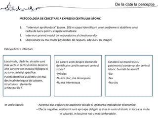 METODOLOGIA DE CERCETARE A EXPRESIEI CENTRULUI ISTORIC
1. “Interviuri aprofundate” (aprox. 20) in scopul identificarii unor probleme si stabilirea unui
cadru de lucru pentru etapele urmatoare
2. Interviuri privind modul de imbunatatire al chestionarelor
3. Chestionare cu mai multe posibilitati de raspuns, adesea si cu imagini
In unele cazuri: – Accentul pus exclusiv pe aspectele sociale si ignorarea implicatiilor economice
– Efecte negative: rezidentii sunt aproape obligati sa stea in centrul istoric in loc sa se mute
in suburbii, in locuinte noi si mai confortabile.
De la date la perceptie
Locuintele, cladirile, strazile sunt
mai vechi in centrul istoric decat in
alte cartiere ale orasului Bologna si
au caracteristici specifice.
Puteti identifica aspectele cel mai
des intalnite legate de culoare,
structura si elemente
arhitecturale?
Ce parere aveti despre elemetele
identificate cand traversati centrul
istoric?
-Imi plac
-Nu imi plac, ma deranjeaza
-Nu ma intereseaza
Cetatenii se mandresc cu
patrimoniul conservat din centrul
istoric. Sunteti de acord?
-Da
-Nu
-Nu stiu
Cateva dintre intrebari:
 