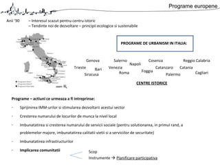 Programe europene
Anii ’90 – Interesul scazut pentru centru istoric
– Tendinte noi de dezvoltare – principii ecologice si sustenabile
PROGRAME DE URBANISM IN ITALIA:
Genova Salerno
Bari VeneziaTrieste
Roma
Napoli
Foggia
Cosenza
Catanzaro
Palermo
Reggio Calabria
Catania
Siracusa Cagliari
CENTRE ISTORICE
Programe – actiuni ce urmeaza a fi intreprinse:
- Sprijinirea IMM-urilor si stimularea dezvoltarii acestui sector
- Cresterea numarului de locurilor de munca la nivel local
- Imbunatatirea si cresterea numarului de servicii sociale (pentru solutionarea, in primul rand, a
problemelor majore, imbunatatirea calitatii vietii si a serviciilor de securitate)
- Imbunatatirea infrastructurilor
- Implicarea comunitatii Scop
Instrumente  Planificare participativa
 