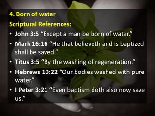 D. THE MEANS OF REGENERATION1. A Divine workScriptural References:John 1:13 “Born, not of blood, nor of the will of the flesh, nor of the will of man, but of God.”John 3:5 “Be born ... of the Spirit.”James 1:18 “Of his own will begat he us.”Titus 3:5 “Renewing of the Holy Ghost.”	All of these Scriptures show that regeneration is the work of God in the heart of man.