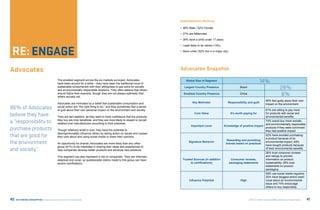 DEMOGRAPHIC PROFILE:

                                                                                                                            •	 48% Male / 52% Female

                                                                                                                            •	 27% are Millennials

                                                                                                                            •	 38% have a child under 17 years




                    ENGAGE
                                                                                                                            •	 Least likely to be retired (13%)

                                                                                                                            •	 More urban (52% live in a major city)




Advocates                                                                                                                   Advocates Snapshot
                                              The smallest segment across the six markets surveyed, Advocates
                                              have been around for a while – they have been the traditional locus of
                                                                                                                                 Global Size of Segment                                           14%
                                              sustainable consumerism with their willingness to pay extra for socially
                                              and environmentally responsible solutions. They often believe that others
                                                                                                                               Largest Country Presence                       Brazil                                     28%
                                              should follow their example, though they are not always optimistic that
                                              others actually will.
                                                                                                                              Smallest Country Presence                       China                                       6%
                                                                                                                                                                                                         59% feel guilty about their own
                                              Advocates are motivated by a belief that sustainable consumption and                    Key Motivator                 Responsibility and guilt
                                                                                                                                                                                                         impact on the environment
86% of Advocates                              social action are “the right thing to do,” and they sometimes feel a sense
                                              of guilt about their own personal impact on the environment and society.                                                                                   61% are willing to pay more
believe they have                             They are fact seekers, as they want to have confidence that the products
                                                                                                                                        Core Value                     It’s worth paying for             for products with social and
                                                                                                                                                                                                         environmental benefits

a “responsibility to                          they buy are truly beneficial, and they are more likely to reward or punish
                                              retailers and manufacturers according to their practices.
                                                                                                                                                                                               74% would buy more socially
                                                                                                                                                                                               and environmentally responsible
                                                                                                                                     Important Lever              Knowledge of positive impact
purchase products                             Though relatively small in size, they have the potential to
                                                                                                                                                                                               products if they were convinced
                                                                                                                                                                                               they had positive impact
                                              disproportionately influence others by taking action on issues and causes
that are good for                             they care about and using social media to share their opinions.
                                                                                                                                                                                                         52% have avoided purchasing
                                                                                                                                                                                                         a product because of its
                                                                                                                                                                   Rewarding and punishing
the environment                               An opportunity for brands, Advocates are more likely than any other
                                                                                                                                   Signature Behavior
                                                                                                                                                                   brands based on practices
                                                                                                                                                                                                         environmental impact; 49%
                                                                                                                                                                                                         have bought products because
                                              group (81%) to be interested in sharing their ideas and experiences to
and society.”                                 help companies develop better products and advance new solutions.
                                                                                                                                                                                                         of their environmental benefits
                                                                                                                                                                                                         26% trust consumer reviews
                                              This segment can also represent a risk to companies. They are informed,                                                                                    and ratings to provide
                                              skeptical and vocal, so questionable claims made to this group can have         Trusted Sources (in addition              Consumer reviews,                information on product
                                              severe ramifications.                                                                 to certifications)                 packaging statements              sustainability, 25% trust
                                                                                                                                                                                                         statements on product
                                                                                                                                                                                                         packaging
                                                                                                                                                                                                         59% use social media regularly,
                                                                                                                                                                                                         25% have blogged and/or been
                                                                                                                                   Influence Potential                         High                      vocal about an environmental
                                                                                                                                                                                                         issue and 74% encourage
                                                                                                                                                                                                         others to buy responsibly



40   RE:THINKING CONSUMPTION Consumers and the Future of Sustainability                                                                                                                ©2012 All rights reserved BBMG, GlobeScan, SustainAbility   41
 