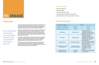 DEMOGRAPHIC PROFILE:

                                                                                                                           •	 Male 49% / Female 51%

                                                                                                                           •	 29% are Millennials

                                                                                                                           •	 33% have a child under 17 years




                    ENGAGE
                                                                                                                           •	 More likely than other segments to be retired (18%)

                                                                                                                           •	 Less urban (57% live in a suburb, small town or rural area)




Practicals                                                                                                                 Practicals Snapshot
                                              The second largest segment globally, Practicals’ impact comes both from
                                              their relatively large size and the likelihood that they are tipping-point
                                                                                                                               Global Size of Segment                                           34%
                                              consumers when trends hit scale. They are laggards in purchasing more
                                              sustainable products, and they are driven by proven performance.
                                                                                                                              Largest Country Presence                    Germany                                      45%
                                              Practicals are discouraged by high prices, so rewards or promotions may
                                                                                                                             Smallest Country Presence                      Brazil                                     28%
52% of Practicals                             be a way to introduce them to new products and behaviors. They are
                                              more likely than others to trust consumer reviews and ratings, as they
                                                                                                                                                                                                       78% would buy more
                                                                                                                                                                                                       sustainable products if they
                                                                                                                                    Key Motivator                     Product efficacy
say they’d buy                                are generally skeptical of companies’ social and environmental claims,
                                              which may lead to perceptions of greenwashing (although they would not
                                                                                                                                                                                                       performed comparable to and/or
                                                                                                                                                                                                       better than their usual brand

more sustainable                              necessarily know the term).                                                                                                                              68% would buy more
                                                                                                                                                                                                       sustainable products if the
products if they                              For Practicals, social and environmental benefits are viewed as add-ons,
                                              not core to the value proposition. They are not averse to sustainability
                                                                                                                                      Core Value                      Credibility, proof
                                                                                                                                                                                                       companies’ claims were more
                                                                                                                                                                                                       believable; 67% say they would
“got rewarded in                              messages. Indeed, 60% recycle regularly. They’re just not seeking
                                              sustainable options and aren’t likely to take time to learn more.
                                                                                                                                                                                                       buy more if they could see
                                                                                                                                                                                                       immediate impact

some way for                                  Companies should consider Practicals a third priority, after Advocates               Important Lever                 Rewards, promotions
                                                                                                                                                                                                       52% say they would buy more if
                                                                                                                                                                                                       they were rewarded for doing so
                                              (early adopters) and Aspirationals (persuadable green purchasers),
doing so.”                                    because Practicals will mostly follow the sustainable behaviors of these
                                                                                                                                                                                                       28% trust consumer
                                                                                                                                                                                                       reviews and ratings to provide
                                              other groups as trends become more mainstream.
                                                                                                                             Trusted Sources (in addition          Consumer reviews,                   information on product
                                                                                                                                   to certifications)            government publications               sustainability; 27% trust
                                                                                                                                                                                                       government information
                                                                                                                                                                                                       or reports
                                                                                                                                  Signature Behavior                      Recycling                    59% say they recycle regularly
                                                                                                                                  Influence Potential                     Moderate                     13% post online




44   RE:THINKING CONSUMPTION Consumers and the Future of Sustainability                                                                                                              ©2012 All rights reserved BBMG, GlobeScan, SustainAbility   45
 
