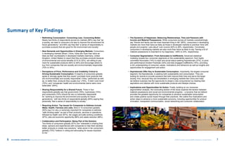 Summary of Key Findings
                                             •	 Rethinking Consumption: Consuming Less. Consuming Better.                     •	 The Dynamics of Happiness: Balancing Relationships, Time and Passions with
                                                Nearly two-thirds of respondents across six markets (66%) say that “as           Income and Material Possessions. While consumers across all markets overwhelmingly
                                                a society, we need to consume a lot less to improve the environment for          say “friends and family are the most important thing in life” (85%), consumers in developing
                                                future generations,” and 65% say they feel “a sense of responsibility to         markets are more than twice as likely as those in developed markets to prioritize “time with
                                                purchase products that are good for the environment and society.”                people and projects I care about” over income (62% to 28%, respectively). Conversely,
                                                                                                                                 consumers in developing markets are also more than twice as likely to say “having a lot of
                                             •	 New Demands and Opportunities in Emerging Markets. Consumers                     material possessions is important to my happiness,” (49% to 23%, respectively).
                                                in developing markets (Brazil, China, India) are more than twice as
                                                likely as their counterparts in developed markets (Germany, United            •	 Consumer Segmentation: From Advocates to Indifferents. Advanced statistical
                                                Kingdom, United States) to report that they purchase products because            modeling reveals four consumer segments on the sustainability spectrum, from highly
                                                of environmental and social benefits (51% to 22%), are willing to pay            committed Advocates (14%) to style and social status-seeking Aspirationals (37%), to price
                                                more for sustainable products (60% to 26%) and encourage others to               and performance-minded Practicals (34%) and less engaged Indifferents (16%), providing
                                                buy from companies that are socially and environmentally responsible             a rich understanding of consumer values, motivations and behaviors as well as insights and
                                                (70% to 34%).                                                                    opportunities for engagement and action.

                                             •	 Perceptions of Price, Performance and Credibility Critical to                 •	 Aspirationals Offer Key to Sustainable Consumption. Importantly, the largest consumer
                                                Driving Sustainable Consumption. A majority of consumers globally                segment, the Aspirationals, is seeking both sustainability and consumption. They are
                                                agree or strongly agree that they would “purchase more products that             looking for brands to provide solutions that both improve their lives and serve the larger
                                                are environmentally and socially responsible” if they “performed as well         society. And, because they are trendsetters in emerging markets like China and India,
                                                as, or better than, products they usually buy” (75%), “it didn’t cost more”      we believe business has the opportunity to shape a new consumerism by meeting their
                                                (70%), and “companies’ health and environmental claims were more                 aspirations and desires with more sustainable products and lifestyle choices.
                                                believable” (64%).
                                                                                                                              •	 Implications and Opportunities for Action. Finally, building on our consumer
                                             •	 Sharing Responsibility for a Shared Future. Three in four                        segmentation analysis, the concluding section of the study explores the tension between
                                                respondents globally say that government (76%), businesses (74%)                 material possessions and social and environmental progress – a dynamic that we believe
                                                and consumers (74%) should be very or extremely responsible                      provides the greatest opportunity for companies to advance sustainable consumption
                                                for “working to improve the environment and society for future                   and create positive social impact through their practices. We outline five implications and
                                                generations,” with two-thirds of respondents globally (65%) saying they          action steps to advance a more sustainable economy, including opportunities for product
                                                personally “feel a sense of responsibility to society.”                          innovation, transparent communication, social networking and consumer collaboration.

                                             •	 Requiring Action: Top Issues for Companies to Address Include
                                                Water, Health, Fairness and Jobs. Nine in 10 consumers globally
                                                (92%) say it is very or extremely important for companies to address
                                                “safe drinking water” as part of their products, services or operations,
                                                followed by health care (87%), fair wages and safe working conditions
                                                (87%), jobs and economic opportunity (86%) and waste reduction (86%).

                                             •	 Collaboration and Participation: Being Part of the Solution.
                                                Two-thirds of consumers globally (67%) are “interested in sharing their
                                                ideas, opinions and experiences with companies to help them develop
                                                better products or create new solutions,” while seven in ten consumers
                                                globally (72%) “believe in voting and advocating for issues important
                                                to me.”


6   RE:THINKING CONSUMPTION Consumers and the Future of Sustainability                                                                                                               ©2012 All rights reserved BBMG, GlobeScan, SustainAbility   7
 