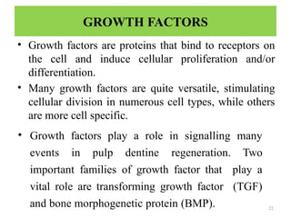 22
GROWTH FACTORS
• Growth factors are proteins that bind to receptors on
the cell and induce cellular proliferation and/or
differentiation.
• Many growth factors are quite versatile, stimulating
cellular division in numerous cell types, while others
are more cell specific.
• Growth factors play a role in signalling many
events in pulp dentine regeneration. Two
important families of growth factor that play a
vital role are transforming growth factor (TGF)
and bone morphogenetic protein (BMP).
 