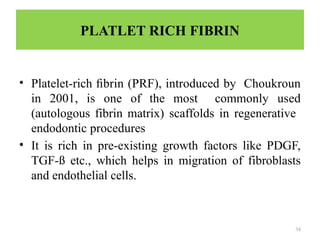 34
PLATLET RICH FIBRIN
• Platelet-rich ﬁbrin (PRF), introduced by Choukroun
in 2001, is one of the most commonly used
(autologous fibrin matrix) scaffolds in regenerative
endodontic procedures
• It is rich in pre-existing growth factors like PDGF,
TGF-ß etc., which helps in migration of fibroblasts
and endothelial cells.
 