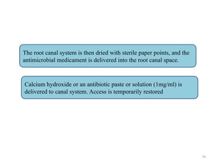 56
The root canal system is then dried with sterile paper points, and the
antimicrobial medicament is delivered into the root canal space.
Calcium hydroxide or an antibiotic paste or solution (1mg/ml) is
delivered to canal system. Access is temporarily restored
 