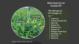 What Does Dry Air
Consist Of?
• 78% Nitrogen N2
• 21% Oxygen O2
• 1% *
• Argon Ar
• Carbon Dioxide CO2
• Neon Ne
• Helium He
• Methane CH4
• Krypton Kr
• Nitrogen Oxide N2O
• Hydrogen H2
• Xenon Xe
• Ozone O3
*
21% Oxygen
78% Nitrogen
Source: Scifun.Chem.Wisc.edu
 