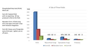0
1000
2000
3000
4000
5000
6000
7000
8000
9000
PLFA Mycorrhizal Fungi Saprophytic Fungi Protozoa
A Tale of Three Fields
Farm #3 Menoken Farm Farm #4
420 82 0
ng/g
143 40 0876 295 39
Phospholipid Fatty Acid (PLFA)
Ward Lab
Farm #3: Hayland field
with no exporting. All hay
produced is fed on the field.
Menoken Farm: A field using
all 4 crop types and cover crops
with livestock integration.
Farm #4: Heavy use of fungicides
every third year. Lighter use on
off years.
 