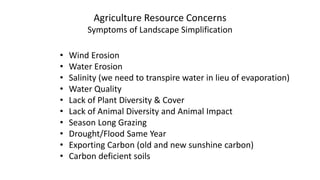 Agriculture Resource Concerns
Symptoms of Landscape Simplification
• Wind Erosion
• Water Erosion
• Salinity (we need to transpire water in lieu of evaporation)
• Water Quality
• Lack of Plant Diversity & Cover
• Lack of Animal Diversity and Animal Impact
• Season Long Grazing
• Drought/Flood Same Year
• Exporting Carbon (old and new sunshine carbon)
• Carbon deficient soils
 