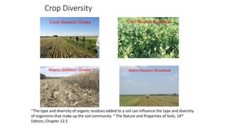 Crop Diversity
“The type and diversity of organic residues added to a soil can influence the type and diversity
of organisms that make up the soil community. “ The Nature and Properties of Soils, 14th
Edition; Chapter 12.5
 