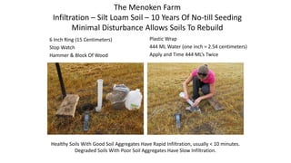The Menoken Farm
Infiltration – Silt Loam Soil – 10 Years Of No-till Seeding
Minimal Disturbance Allows Soils To Rebuild
6 Inch Ring (15 Centimeters)
Stop Watch
Hammer & Block Of Wood
Plastic Wrap
444 ML Water (one inch = 2.54 centimeters)
Apply and Time 444 ML’s Twice
Healthy Soils With Good Soil Aggregates Have Rapid Infiltration, usually < 10 minutes.
Degraded Soils With Poor Soil Aggregates Have Slow Infiltration.
 