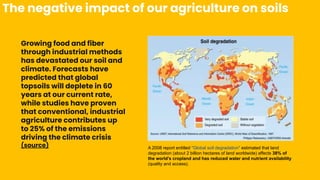 The negative impact of our agriculture on soils
Growing food and fiber
through industrial methods
has devastated our soil and
climate. Forecasts have
predicted that global
topsoils will deplete in 60
years at our current rate,
while studies have proven
that conventional, industrial
agriculture contributes up
to 25% of the emissions
driving the climate crisis
(source) A 2008 report entitled "Global soil degradation" estimated that land
degradation (about 2 billion hectares of land worldwide) affects 38% of
the world’s cropland and has reduced water and nutrient availability
(quality and access).
 