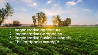 1- Regenerative agriculture
2- Regenerative Companies
3- Regenerative Business Models
4- The Patagonia example
 