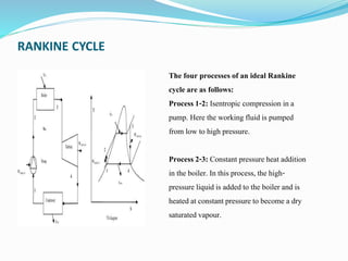 RANKINE CYCLE
The four processes of an ideal Rankine
cycle are as follows:
Process1-2: Isentropic compression in a
pump. Here the working fluid is pumped
from low to high pressure.
Process2-3: Constant pressure heat addition
in the boiler. In this process, the high-
pressure liquid is added to the boiler and is
heatedat constant pressure to become a dry
saturated vapour.
 