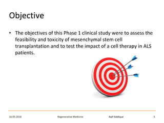 Aqif SiddiqueRegenerative Medicine16.05.2016 5
Objective
• The objectives of this Phase 1 clinical study were to assess the
feasibility and toxicity of mesenchymal stem cell
transplantation and to test the impact of a cell therapy in ALS
patients.
 