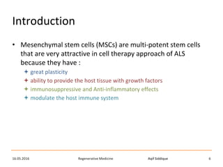 Aqif SiddiqueRegenerative Medicine16.05.2016 6
Introduction
• Mesenchymal stem cells (MSCs) are multi-potent stem cells
that are very attractive in cell therapy approach of ALS
because they have :
 great plasticity
 ability to provide the host tissue with growth factors
 immunosuppressive and Anti-inflammatory effects
 modulate the host immune system
 
