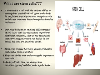 What are stem cells???
• A stem cell is a cell with the unique ability to
develop into specialised cell types in the body....