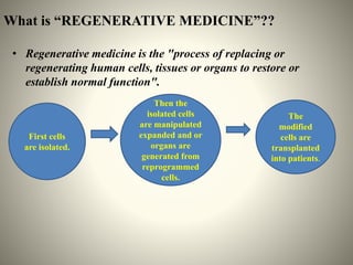 What is “REGENERATIVE MEDICINE”??
• Regenerative medicine is the "process of replacing or
regenerating human cells, tissue...
