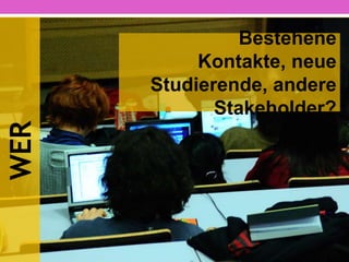 Elemente einer
Social Media Strategie für die KHG
• Ziele: Quantitativ und qualitativ
• WER (Zielgruppe, MultiplikatorInnen)
• WAS (Inhalte)
• WO (Kanäle und Devices)
• WANN (Zeitplan und Kairos)
• WIE (lean back / lean forward)
• Monitoring/Evaluierung/Anpassung
 