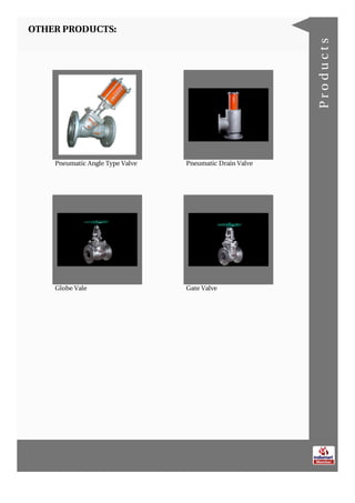 OTHER PRODUCTS:
Pneumatic Angle Type Valve Pneumatic Drain Valve
Globe Vale Gate Valve
Products
 