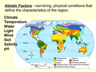 Abiotic Factors  - non-living, physical conditions that define the characteristics of the region. Climate Temperature Wate...