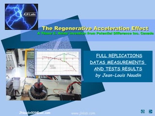 The Regenerative Acceleration Effect
          A Thane C. Heins' invention from Potential Difference Inc. Canada




                                             FULL REPLICATIONS
                                       DATAS MEASUREMENTS
                                        AND TESTS RESULTS
                                         by Jean-Louis Naudin




JNaudin509@aol.com          www.jlnlab.com
 