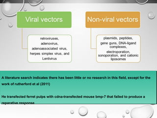 A literature search indicates there has been little or no research in this field, except for the
work of rutherford et al (2011)
He transfected ferret pulps with cdna-transfected mouse bmp-7 that failed to produce a
reparative response
 