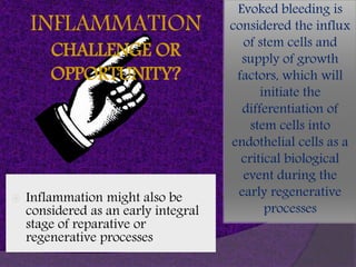  Inflammation might also be
considered as an early integral
stage of reparative or
regenerative processes
Evoked bleeding is
considered the influx
of stem cells and
supply of growth
factors, which will
initiate the
differentiation of
stem cells into
endothelial cells as a
critical biological
event during the
early regenerative
processes
INFLAMMATION
CHALLENGE OR
OPPORTUNITY?
 