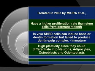 Isolated in 2003 by MIURA et al.,
Have a higher proliferation rate than stem
cells from permanent teeth
In vivo SHED cells can induce bone or
dentin formation but failed to produce
dentin-pulp complex - Immature
High plasticity since they could
differentiate into Neurons, Adipocytes,
Osteoblasts and Odontoblasts
 