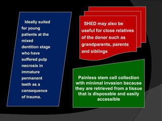Ideally suited
for young
patients at the
mixed
dentition stage
who have
suffered pulp
necrosis in
immature
permanent
teeth as a
consequence
of trauma.
SHED may also be
useful for close relatives
of the donor such as
grandparents, parents
and siblings
Painless stem cell collection
with minimal invasion because
they are retrieved from a tissue
that is disposable and easily
accessible
 