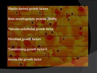 Platelet derived growth factors
Bone morphogenetic proteins (BMPs)
Vascular endothelial growth factor
Fibroblast growth factors
Transforming growth factor b
Insulin like growth factor
 