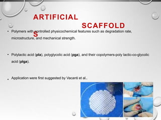 57
ARTIFICIAL
SCAFFOLD
S
• Polymers with controlled physicochemical features such as degradation rate,
microstructure, and mechanical strength.
• Polylactic acid (pla), polyglycolic acid (pga), and their copolymers-poly lactic-co-glycolic
acid (plga).
• Application were first suggested by Vacanti et al..
 