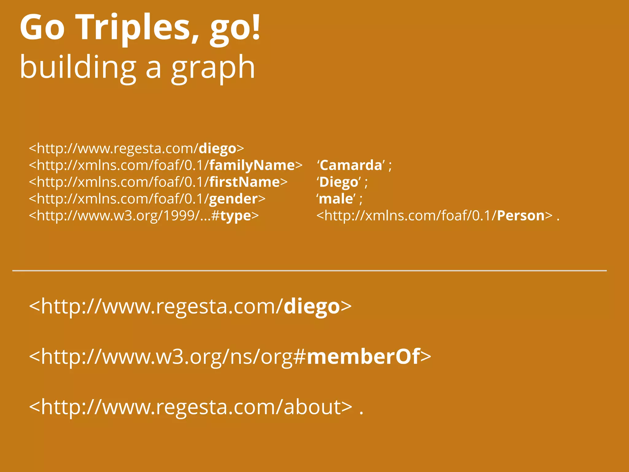 Go Triples, go!
building a graph
<http://www.regesta.com/diego>
<http://xmlns.com/foaf/0.1/familyName> ‘Camarda’ ;
<http://xmlns.com/foaf/0.1/firstName> ‘Diego’ ;
<http://xmlns.com/foaf/0.1/gender> ‘male’ ;
<http://www.w3.org/1999/...#type> <http://xmlns.com/foaf/0.1/Person> .
<http://www.regesta.com/diego>
<http://www.w3.org/ns/org#memberOf>
<http://www.regesta.com/about> .
 