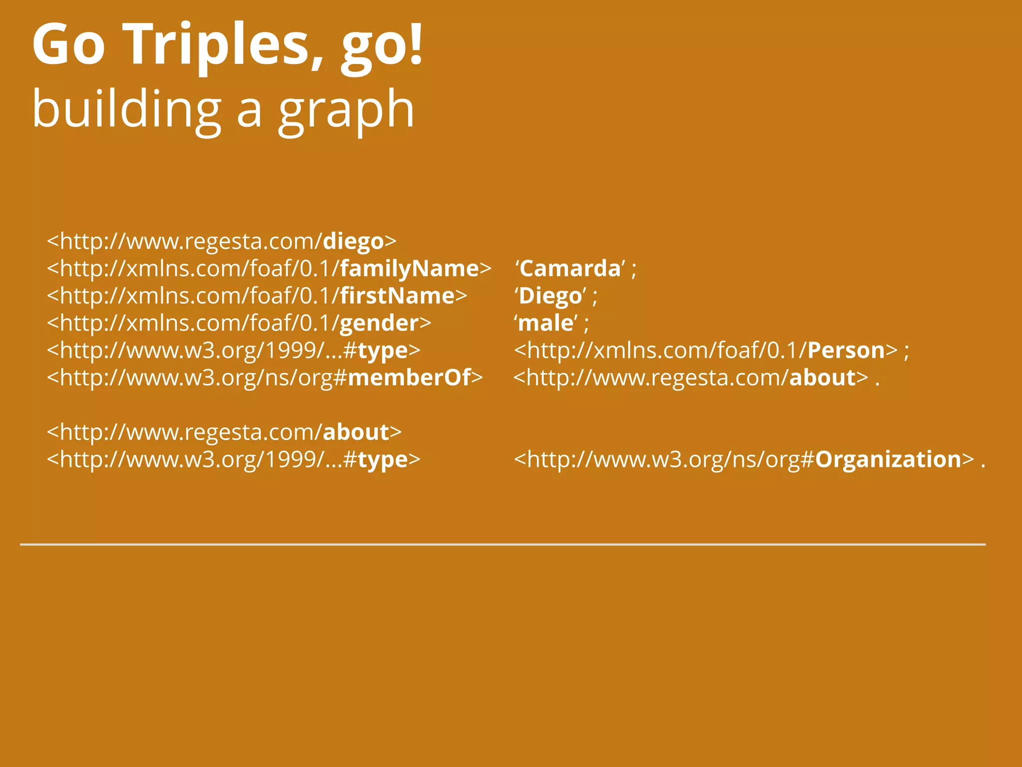Go Triples, go!
building a graph
<http://www.regesta.com/diego>
<http://xmlns.com/foaf/0.1/familyName> ‘Camarda’ ;
<http://xmlns.com/foaf/0.1/firstName> ‘Diego’ ;
<http://xmlns.com/foaf/0.1/gender> ‘male’ ;
<http://www.w3.org/1999/...#type> <http://xmlns.com/foaf/0.1/Person> ;
<http://www.w3.org/ns/org#memberOf> <http://www.regesta.com/about> .
<http://www.regesta.com/about>
<http://www.w3.org/1999/...#type> <http://www.w3.org/ns/org#Organization> .
 