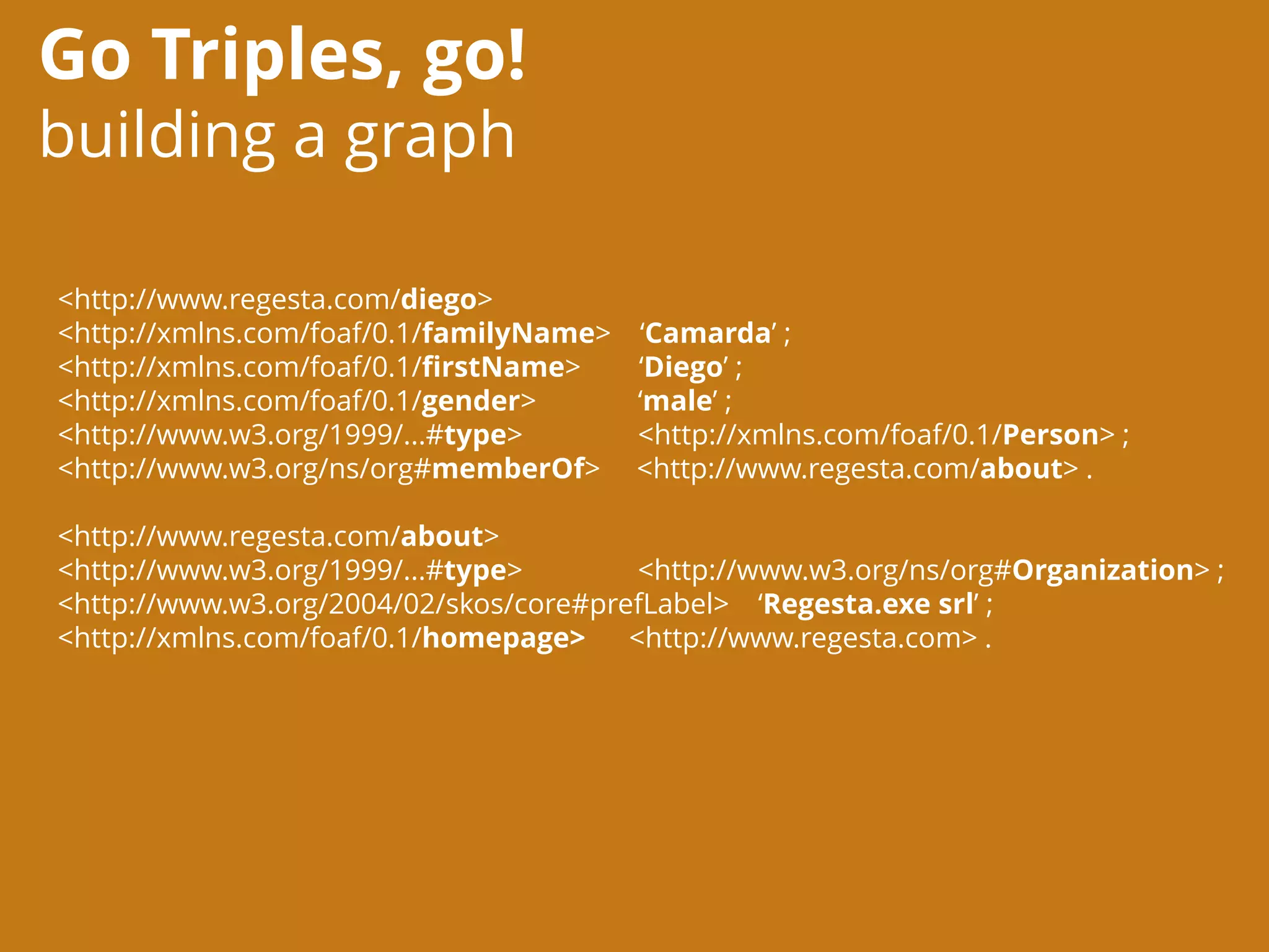 Go Triples, go!
building a graph
<http://www.regesta.com/diego>
<http://xmlns.com/foaf/0.1/familyName> ‘Camarda’ ;
<http://xmlns.com/foaf/0.1/firstName> ‘Diego’ ;
<http://xmlns.com/foaf/0.1/gender> ‘male’ ;
<http://www.w3.org/1999/...#type> <http://xmlns.com/foaf/0.1/Person> ;
<http://www.w3.org/ns/org#memberOf> <http://www.regesta.com/about> .
<http://www.regesta.com/about>
<http://www.w3.org/1999/...#type> <http://www.w3.org/ns/org#Organization> ;
<http://www.w3.org/2004/02/skos/core#prefLabel> ‘Regesta.exe srl’ ;
<http://xmlns.com/foaf/0.1/homepage> <http://www.regesta.com> .
 