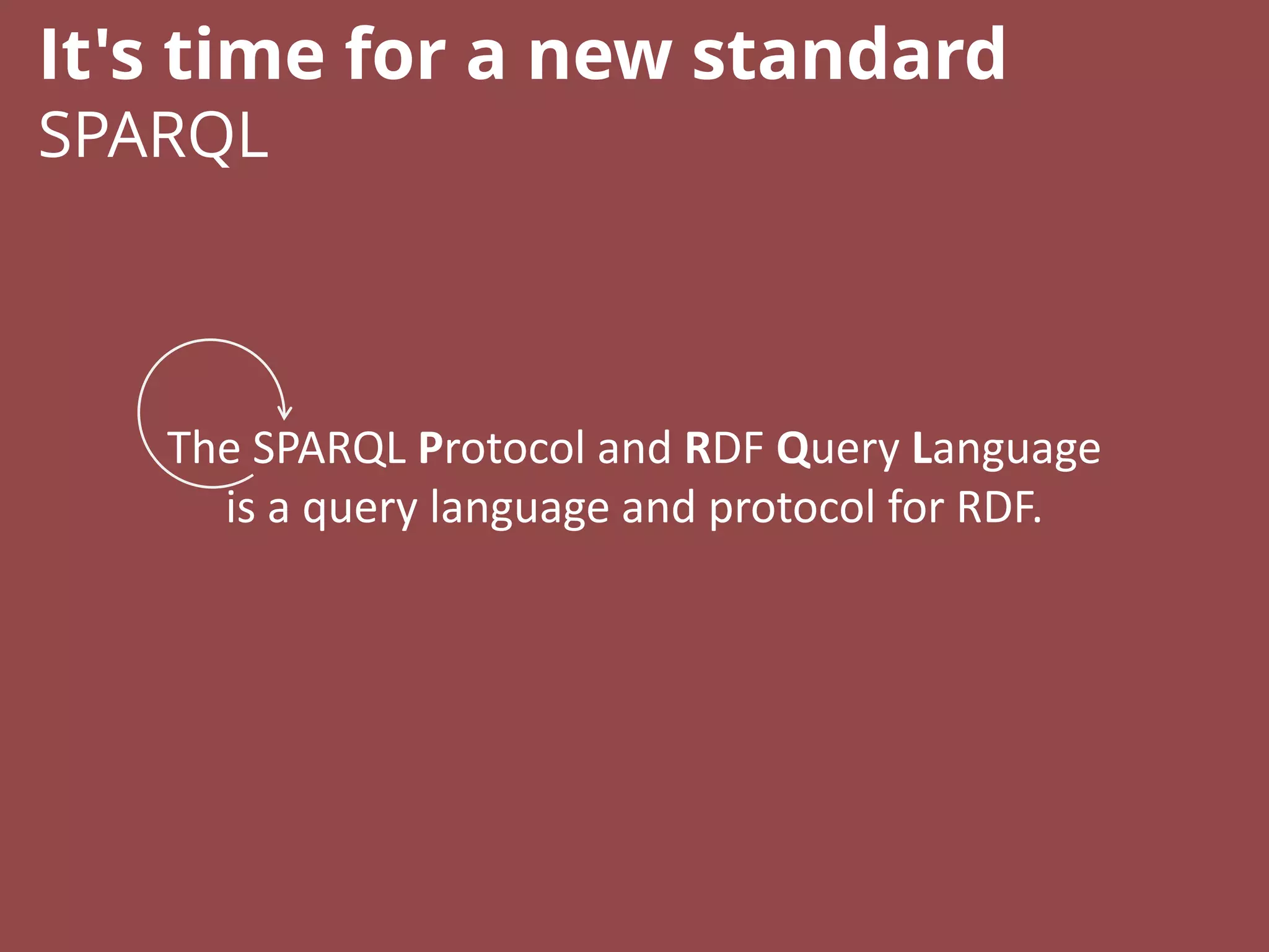 The SPARQL Protocol and RDF Query Language
is a query language and protocol for RDF.
It's time for a new standard
SPARQL
 