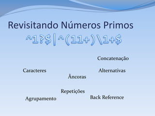 Revisitando Números Primos

                                  Concatenação

   Caracteres                     Alternativas
                     Âncoras

                  Repetições
    Agrupamento                Back Reference
 