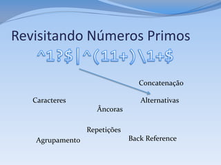 Revisitando Números Primos

                                  Concatenação

   Caracteres                     Alternativas
                     Âncoras

                  Repetições
    Agrupamento                Back Reference
 