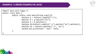 EXAMPLE -2 (REGEX EXAMPLE IN JAVA)
import java.util.regex.*;
public class Main {
public static void main(String args[]){
Pattern p = Pattern.compile(".s");
Matcher m = p.matcher("as");
boolean b = m.matches();
boolean b2=Pattern.compile(".s").matcher("as").matches();
boolean b3 = Pattern.matches(".s", "as");
System.out.println(b+" "+b2+" "+b3);
}
}
 