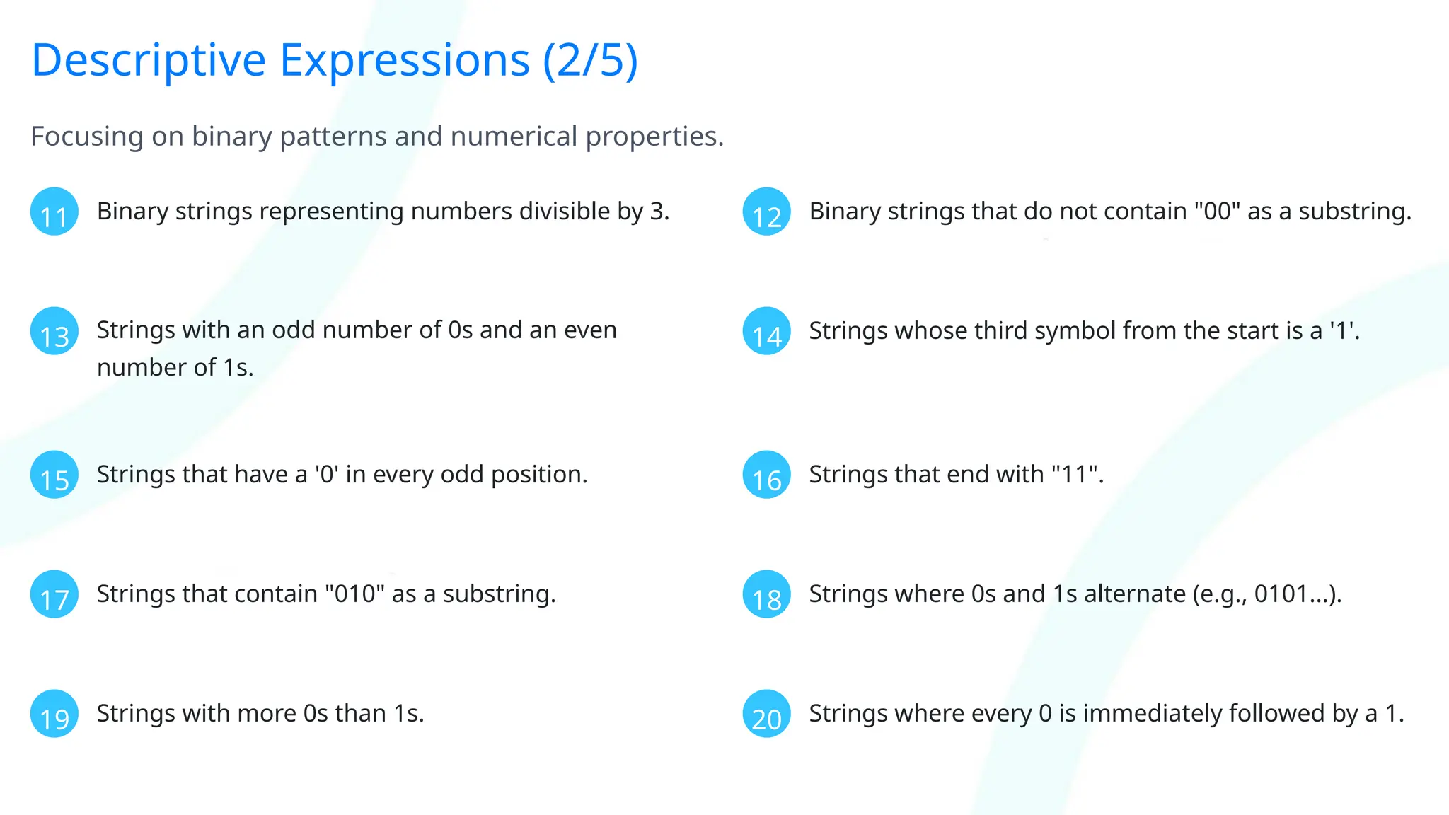 Descriptive Expressions (2/5)
Focusing on binary patterns and numerical properties.
11 Binary strings representing numbers divisible by 3. 12 Binary strings that do not contain "00" as a substring.
13 Strings with an odd number of 0s and an even
number of 1s.
14 Strings whose third symbol from the start is a '1'.
15 Strings that have a '0' in every odd position. 16 Strings that end with "11".
17 Strings that contain "010" as a substring. 18 Strings where 0s and 1s alternate (e.g., 0101...).
19 Strings with more 0s than 1s. 20 Strings where every 0 is immediately followed by a 1.
 