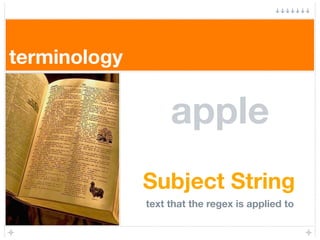 terminology

                   apple
              Subject String
              text that the regex is applied to
 