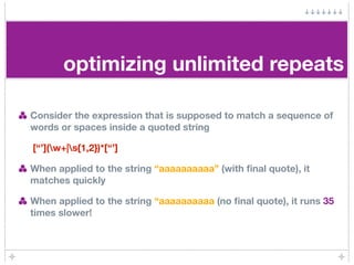optimizing unlimited repeats

Consider the expression that is supposed to match a sequence of
words or spaces inside a quoted string

[“’](w+|s{1,2})*[“’]

When applied to the string “aaaaaaaaaa” (with ﬁnal quote), it
matches quickly

When applied to the string “aaaaaaaaaa (no ﬁnal quote), it runs 35
times slower!
 