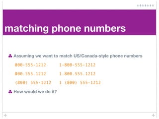 matching phone numbers

 Assuming we want to match US/Canada-style phone numbers

 800-555-1212          1-800-555-1212

 ...