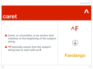 caret                                             ^
                                             ^F
 Caret, or circumﬂex, is an anchor that
 matches at the beginning of the subject
 string

 ^F basically means that the subject
 string has to start with an F

                                           Fandango
 