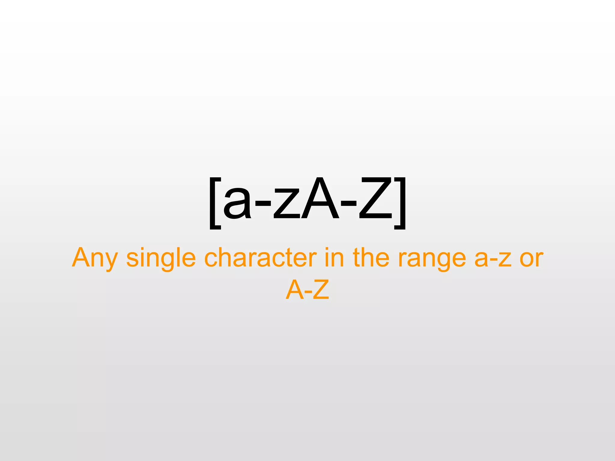 [a-zA-Z]
Any single character in the range a-z or
A-Z
 