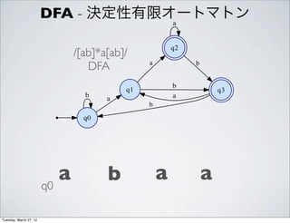 DFA - 決定性有限オートマトン
                                    a


                                                       q2
                               /[ab]*a[ab]/
                                  DFA          a            b


                                                       b
                                          q1                        q3
                                 b                     a
                                      a
                                               b
                                 q0




                        q0
                           a          b            a            a

Tuesday, March 27, 12
 