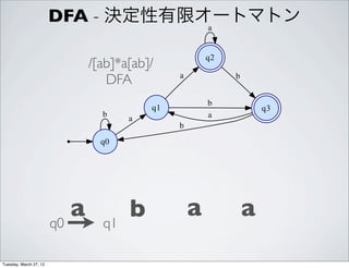 DFA - 決定性有限オートマトン
                                    a


                                                       q2
                               /[ab]*a[ab]/
                                  DFA          a            b


                                                       b
                                          q1                        q3
                                 b                     a
                                      a
                                               b
                                 q0




                        q0
                           a     q1
                                      b            a            a

Tuesday, March 27, 12
 